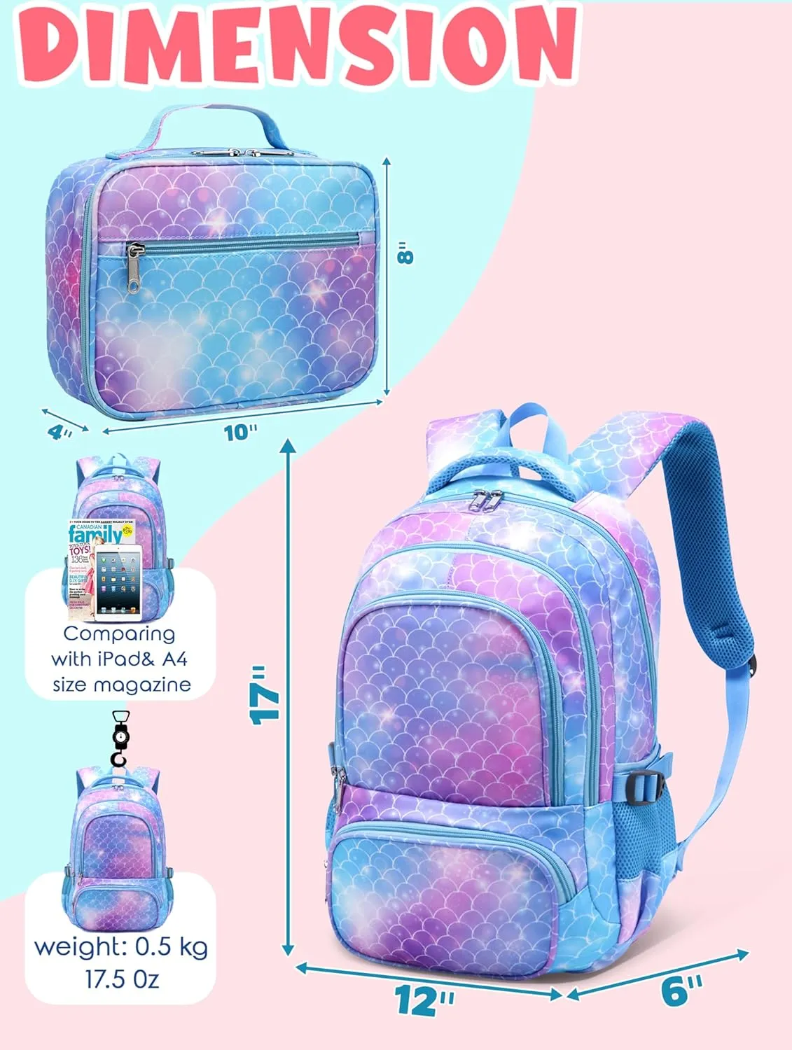 BLUEFAIRY Girls Backpack with Lunch Box Set Mermaid School Bag Set for Kids Elementary Primary School Book Bags Back to School Bookbags for Childs Lightweight Mochila para Niñas Cute Gifts Aged 4-8