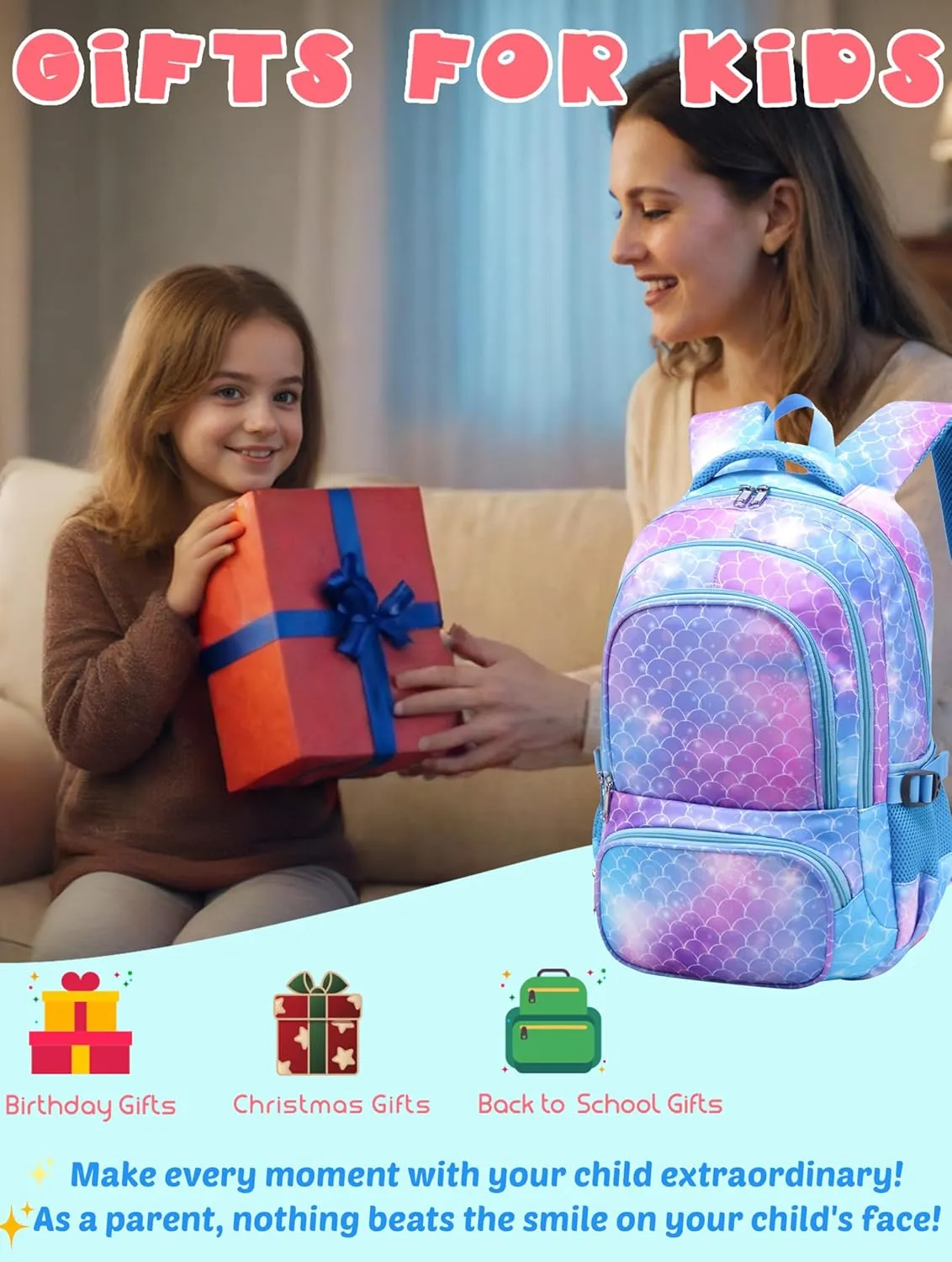 BLUEFAIRY Girls Backpack with Lunch Box Set Mermaid School Bag Set for Kids Elementary Primary School Book Bags Back to School Bookbags for Childs Lightweight Mochila para Niñas Cute Gifts Aged 4-8