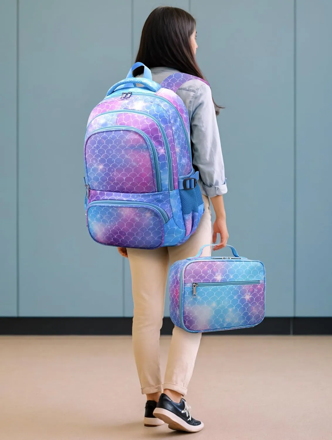 BLUEFAIRY Girls Backpack with Lunch Box Set Mermaid School Bag Set for Kids Elementary Primary School Book Bags Back to School Bookbags for Childs Lightweight Mochila para Niñas Cute Gifts Aged 4-8