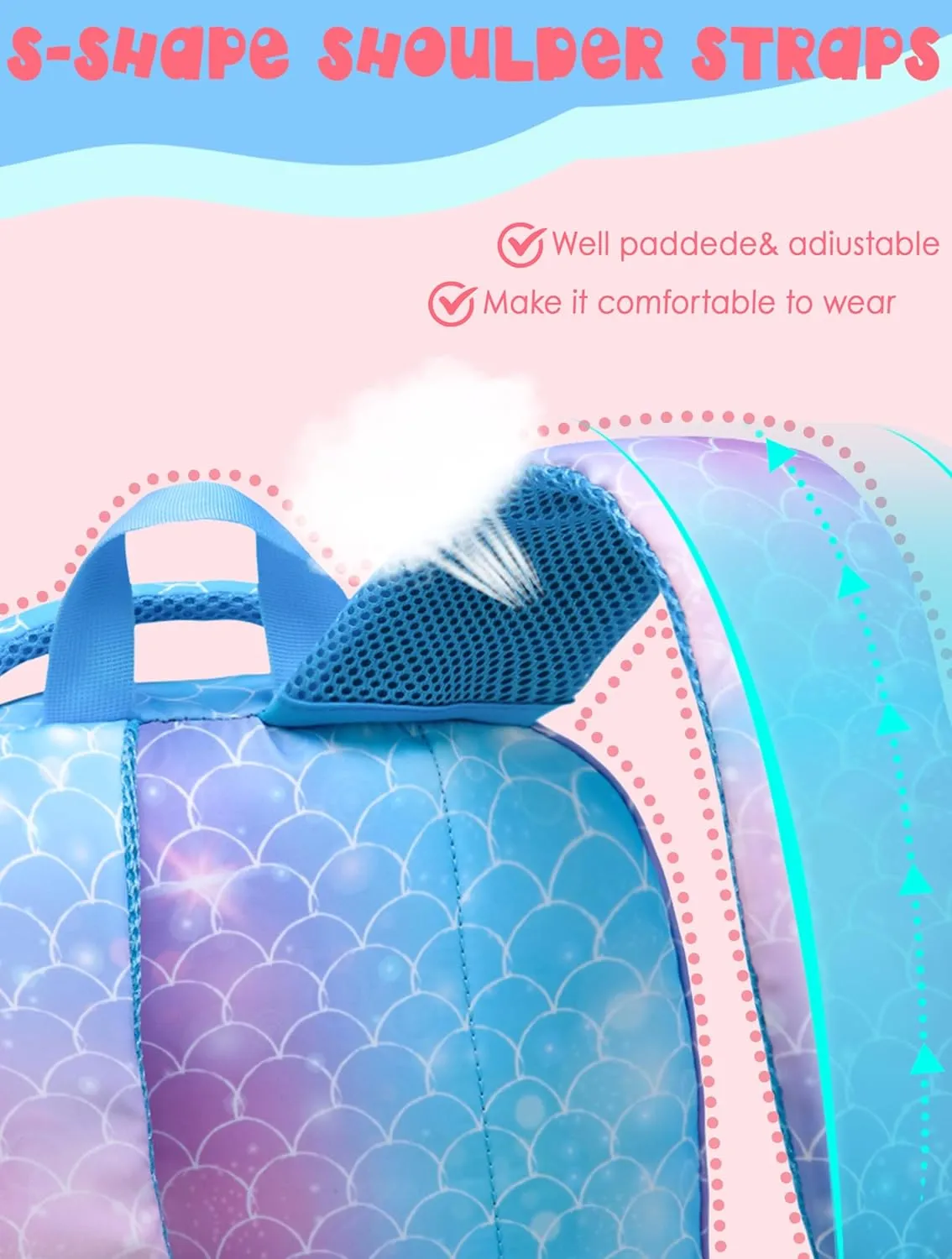 BLUEFAIRY Girls Backpack with Lunch Box Set Mermaid School Bag Set for Kids Elementary Primary School Book Bags Back to School Bookbags for Childs Lightweight Mochila para Niñas Cute Gifts Aged 4-8