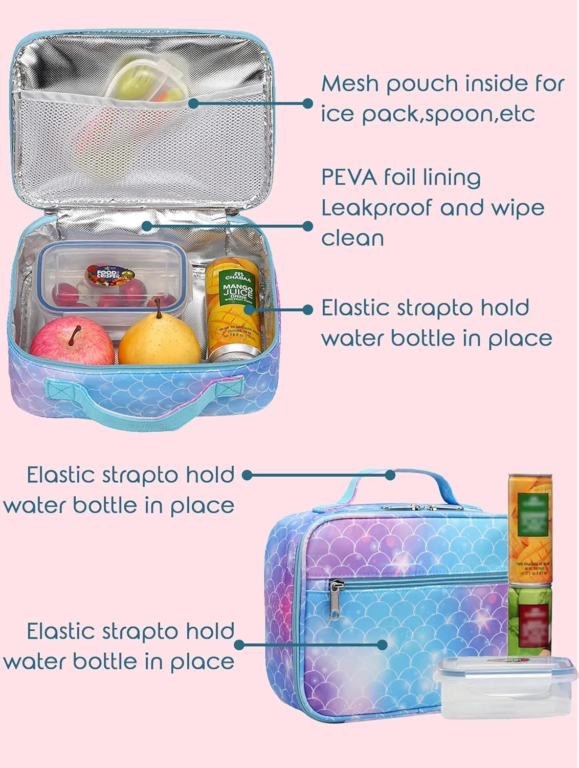 BLUEFAIRY Girls Backpack with Lunch Box Set Mermaid School Bag Set for Kids Elementary Primary School Book Bags Back to School Bookbags for Childs Lightweight Mochila para Niñas Cute Gifts Aged 4-8