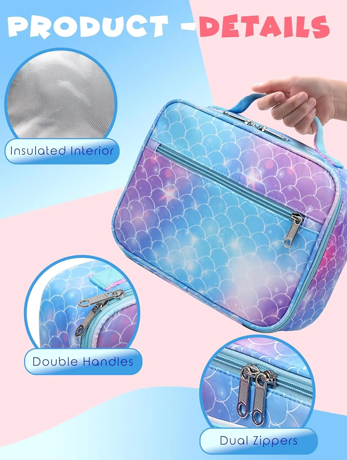 BLUEFAIRY Girls Backpack with Lunch Box Set Mermaid School Bag Set for Kids Elementary Primary School Book Bags Back to School Bookbags for Childs Lightweight Mochila para Niñas Cute Gifts Aged 4-8