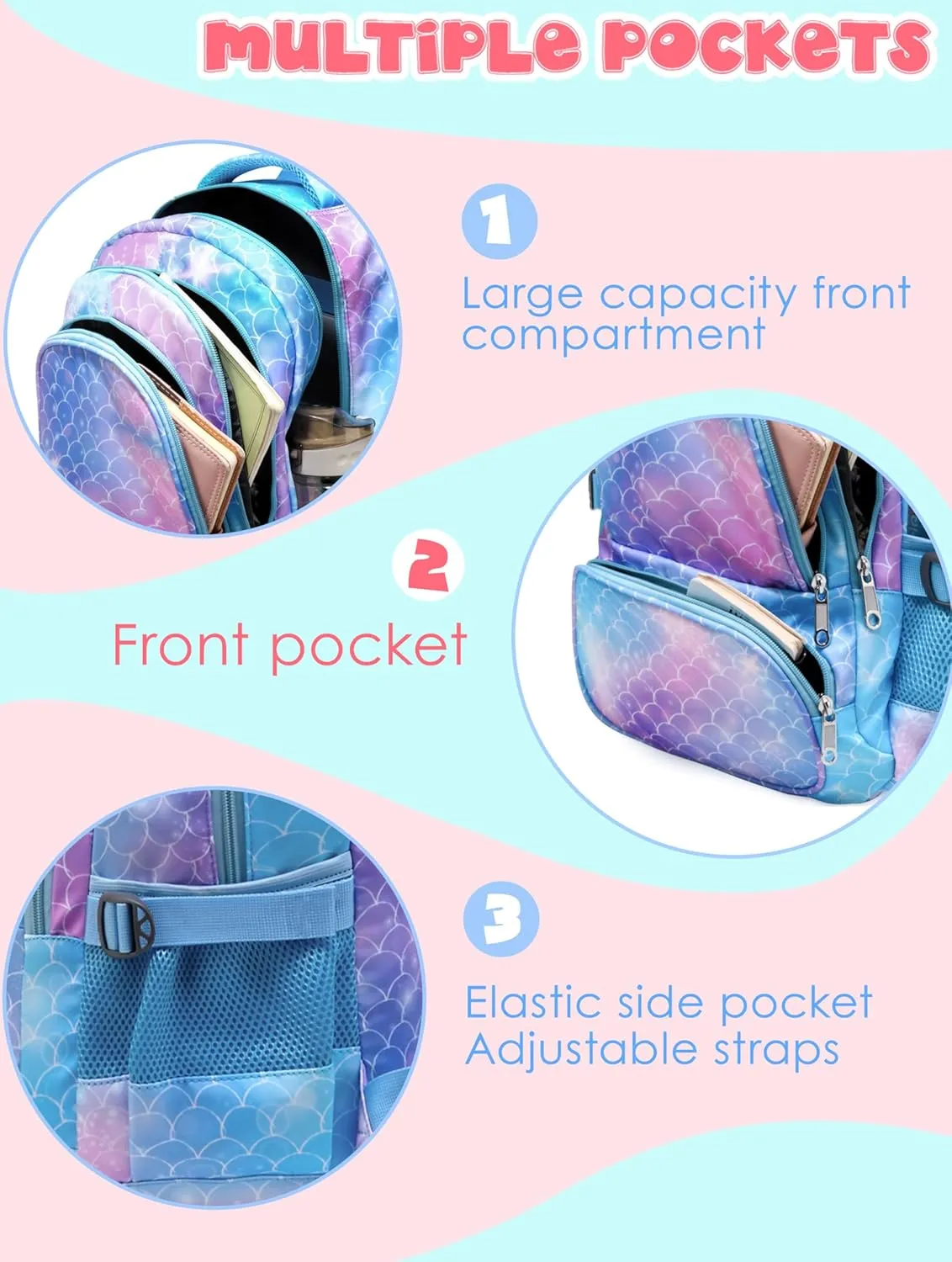 BLUEFAIRY Girls Backpack with Lunch Box Set Mermaid School Bag Set for Kids Elementary Primary School Book Bags Back to School Bookbags for Childs Lightweight Mochila para Niñas Cute Gifts Aged 4-8