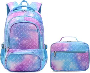 BLUEFAIRY Girls Backpack with Lunch Box Set Mermaid School Bag Set for Kids Elementary Primary School Book Bags Back to School Bookbags for Childs Lightweight Mochila para Niñas Cute Gifts Aged 4-8