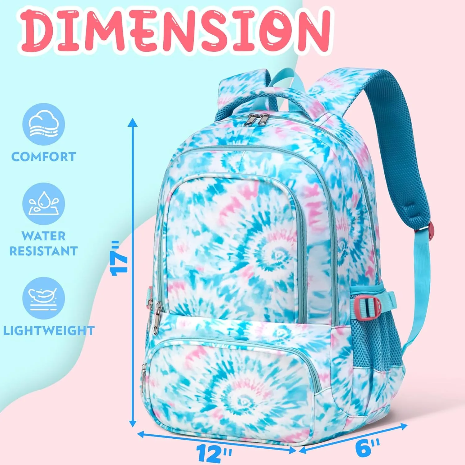 BLUEFAIRY Kids Backpack for Girls Elementary Primary Middle School Bags for Aged 8-10 for Teens Childs Bookbags Back to School Book Bags Gifts Mochilas para Niñas de 6 7 8 9 10 Años Tie-dye Blue