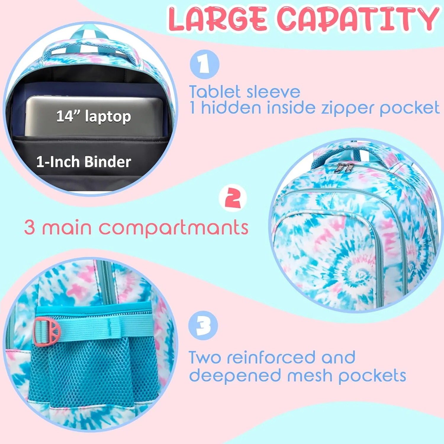 BLUEFAIRY Kids Backpack for Girls Elementary Primary Middle School Bags for Aged 8-10 for Teens Childs Bookbags Back to School Book Bags Gifts Mochilas para Niñas de 6 7 8 9 10 Años Tie-dye Blue