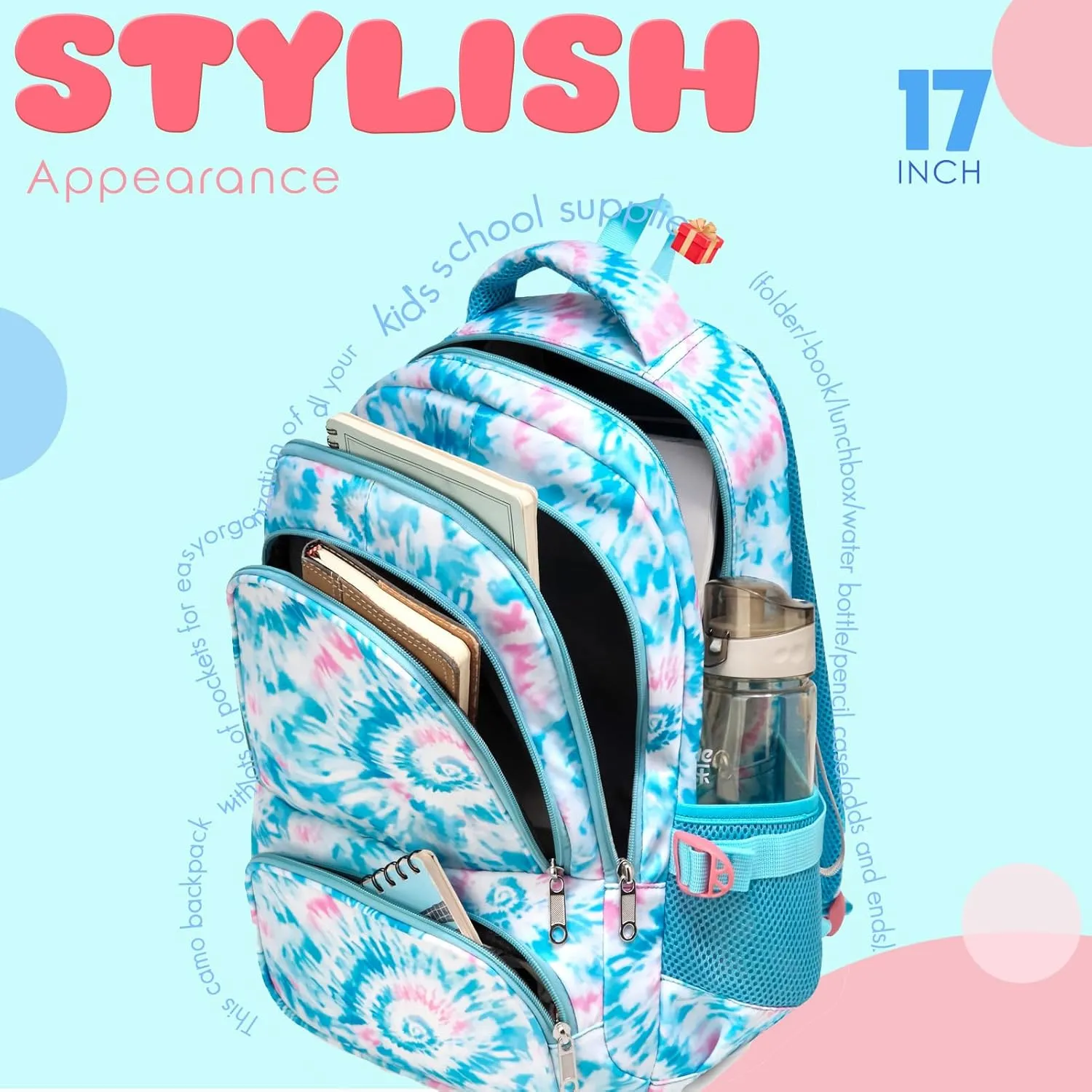 BLUEFAIRY Kids Backpack for Girls Elementary Primary Middle School Bags for Aged 8-10 for Teens Childs Bookbags Back to School Book Bags Gifts Mochilas para Niñas de 6 7 8 9 10 Años Tie-dye Blue
