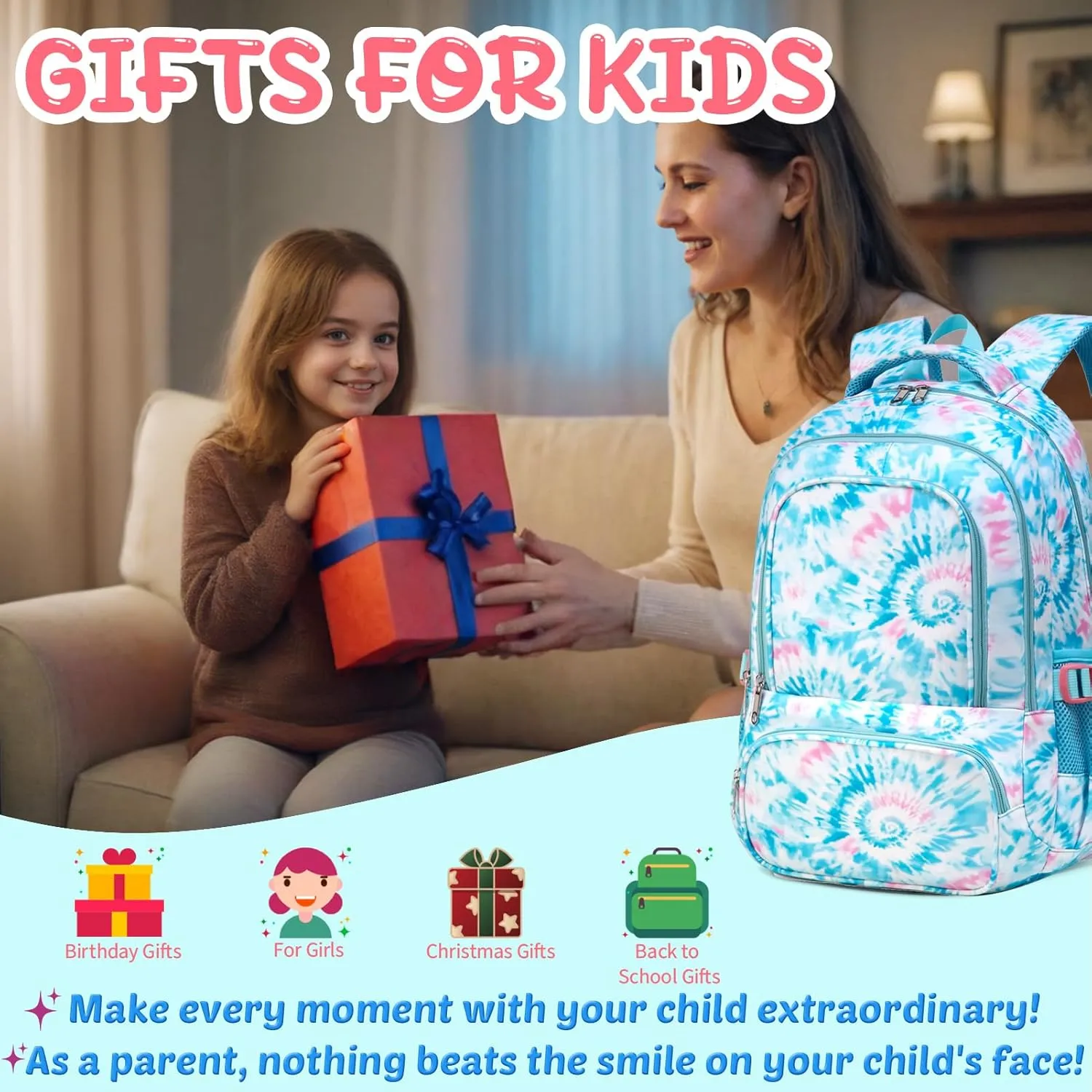 BLUEFAIRY Kids Backpack for Girls Elementary Primary Middle School Bags for Aged 8-10 for Teens Childs Bookbags Back to School Book Bags Gifts Mochilas para Niñas de 6 7 8 9 10 Años Tie-dye Blue
