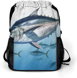 Bluefin Tuna Thunnus Drawstring Backpack Swimming Gym Bag with Shoes Compartment Sackpack for Women Men Sports Bag
