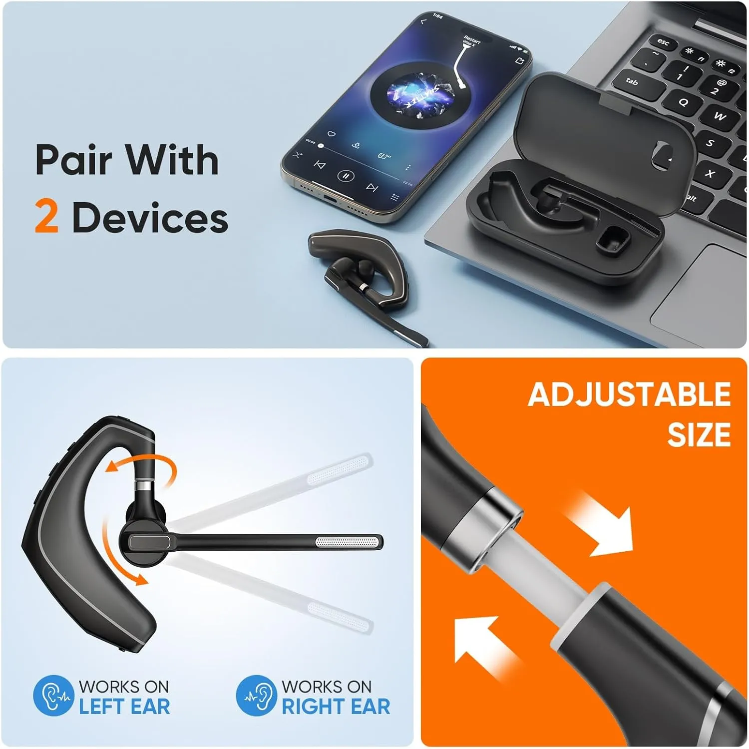 Bluetooth Headset with Noise Cancelling Microphone & USB Dongle, Fit for Computer Laptops and Cell Phones, Wireless Earpiece for Trucker Business Office Work, MS Teams