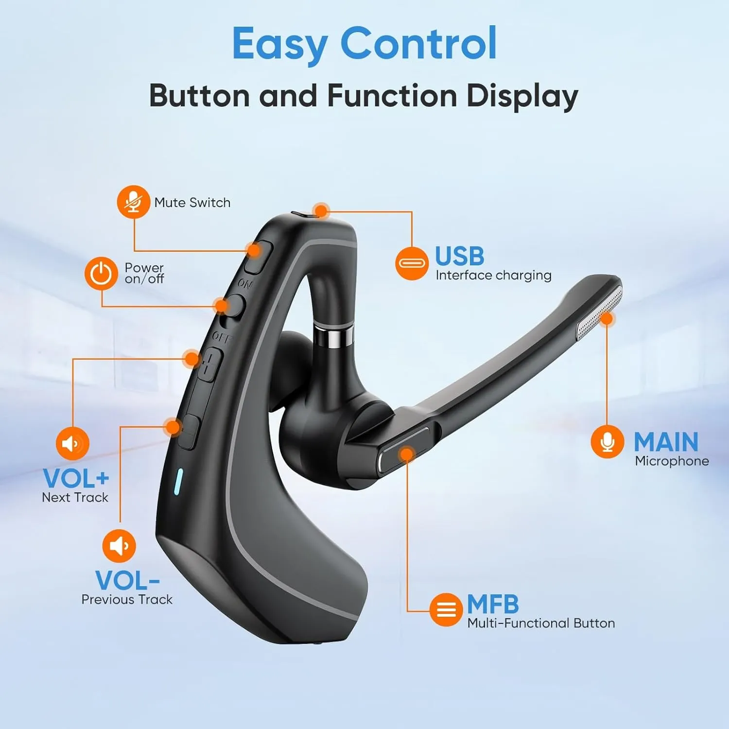 Bluetooth Headset with Noise Cancelling Microphone & USB Dongle, Fit for Computer Laptops and Cell Phones, Wireless Earpiece for Trucker Business Office Work, MS Teams