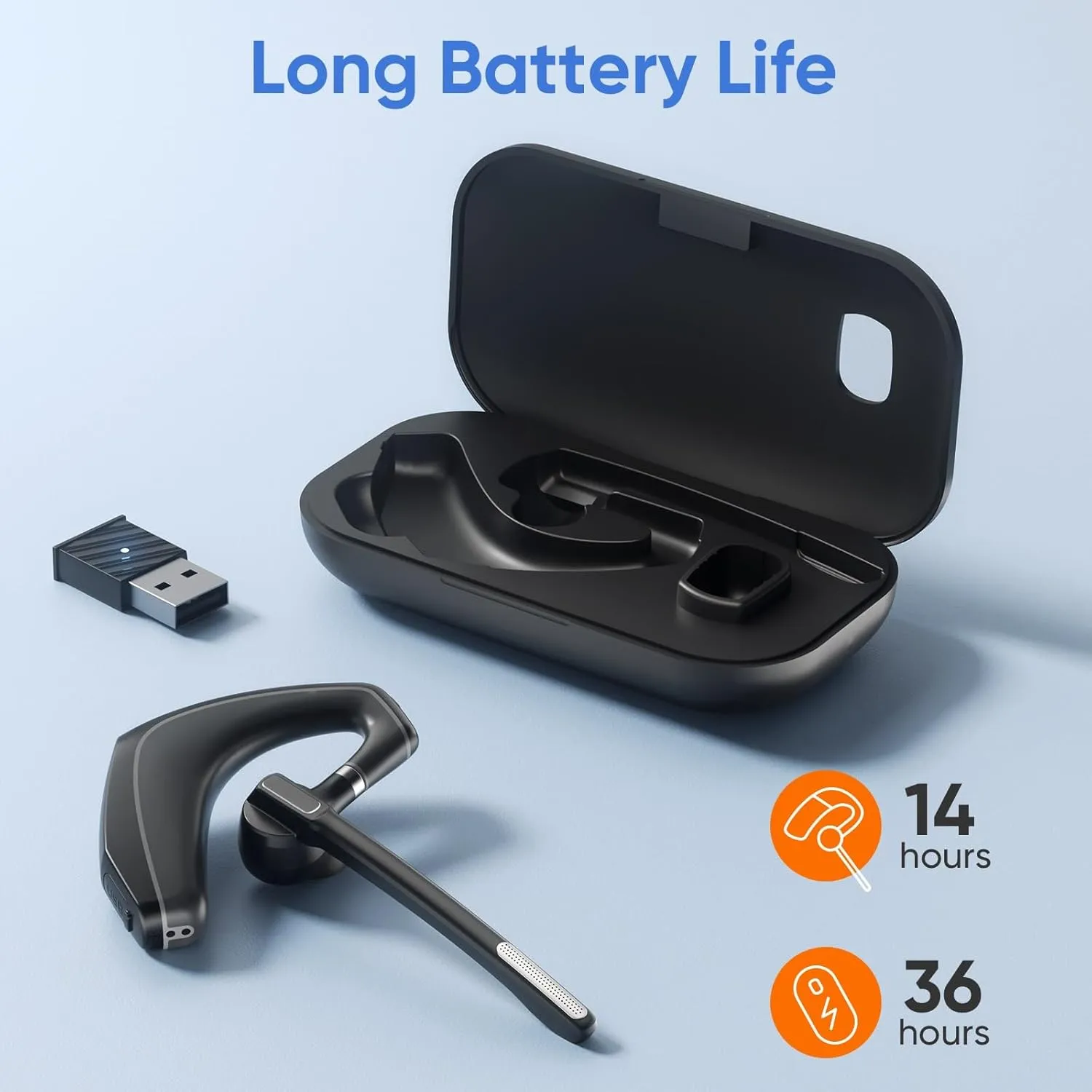 Bluetooth Headset with Noise Cancelling Microphone & USB Dongle, Fit for Computer Laptops and Cell Phones, Wireless Earpiece for Trucker Business Office Work, MS Teams