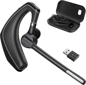 Bluetooth Headset with Noise Cancelling Microphone & USB Dongle, Fit for Computer Laptops and Cell Phones, Wireless Earpiece for Trucker Business Office Work, MS Teams