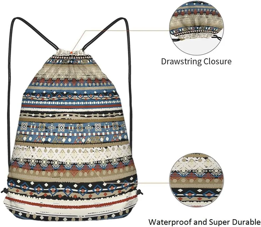 Bohemian Retro Stripes Drawstring Bags Backpack Bag Boho Design Tribal Print Ikat Ethnic Pattern Rustic Sport Gym Sack Drawstring Bag String Bag Yoga Bag for Men Women