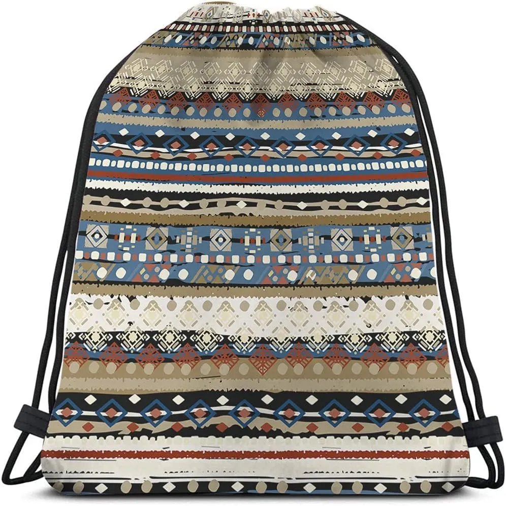 Bohemian Retro Stripes Drawstring Bags Backpack Bag Boho Design Tribal Print Ikat Ethnic Pattern Rustic Sport Gym Sack Drawstring Bag String Bag Yoga Bag for Men Women