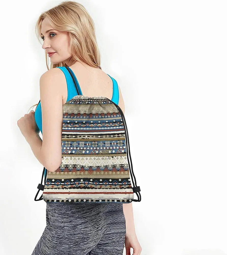 Bohemian Retro Stripes Drawstring Bags Backpack Bag Boho Design Tribal Print Ikat Ethnic Pattern Rustic Sport Gym Sack Drawstring Bag String Bag Yoga Bag for Men Women