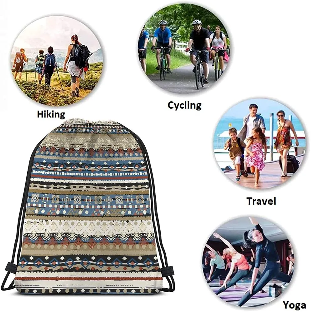 Bohemian Retro Stripes Drawstring Bags Backpack Bag Boho Design Tribal Print Ikat Ethnic Pattern Rustic Sport Gym Sack Drawstring Bag String Bag Yoga Bag for Men Women