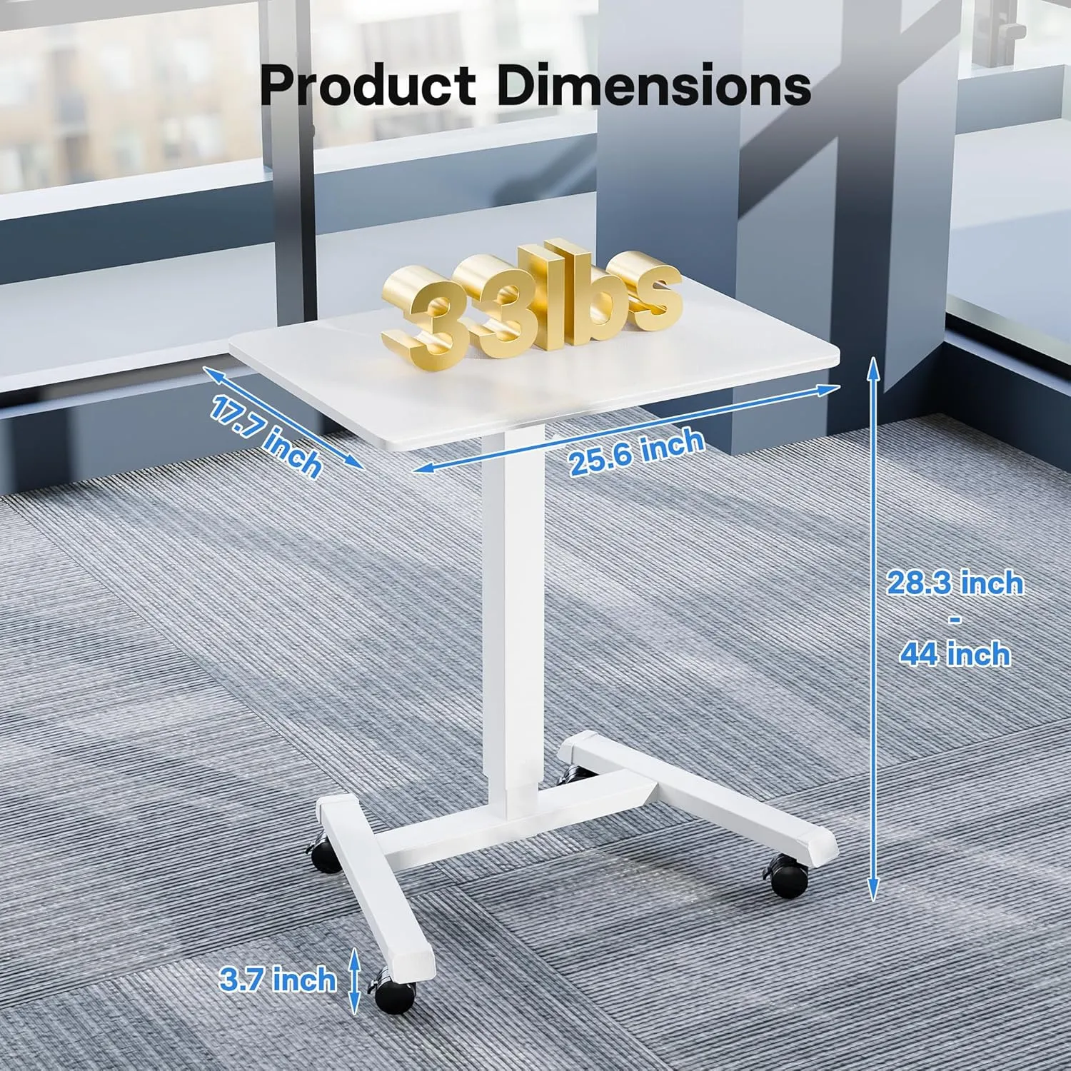BONTEC 25.6" x 17.7" Mobile Standing Desk, Gas Spring Mobile Stand Up Desk, Portable Podium, Height Adjustable Laptop Standing Table for Home, Office, School, Medical, White