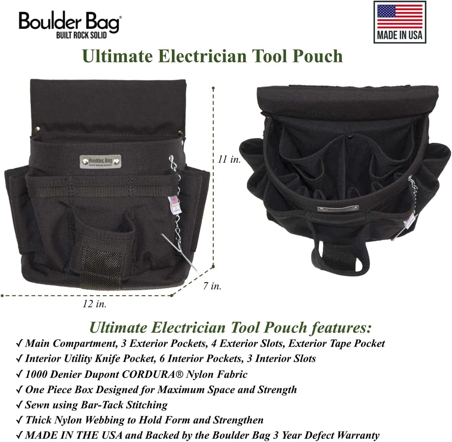 BOULDER Bag ULT 120 Ultimate Electrician Single Pouch. Tool Belt Ready Durability Wide Mouth, Deep Pockets, Pro Box Design. Made in The USA. …
