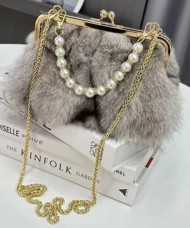 Boutique Linked Messenger Grey Fur Fluffy Chain Fuzzy Bag