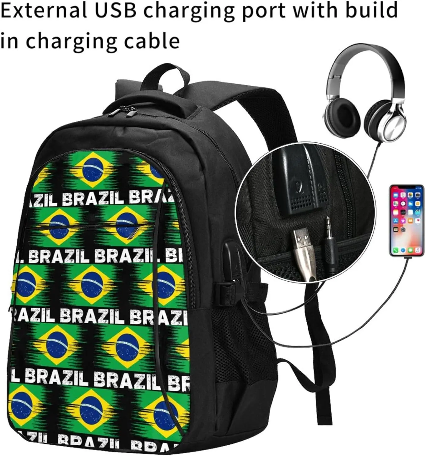Brazil Flag Casual Travel Backpacks Hiking Camping Backpack Large Outdoor Sport Daypack Laptop Rucksack Climbing Working Bags with USB Port