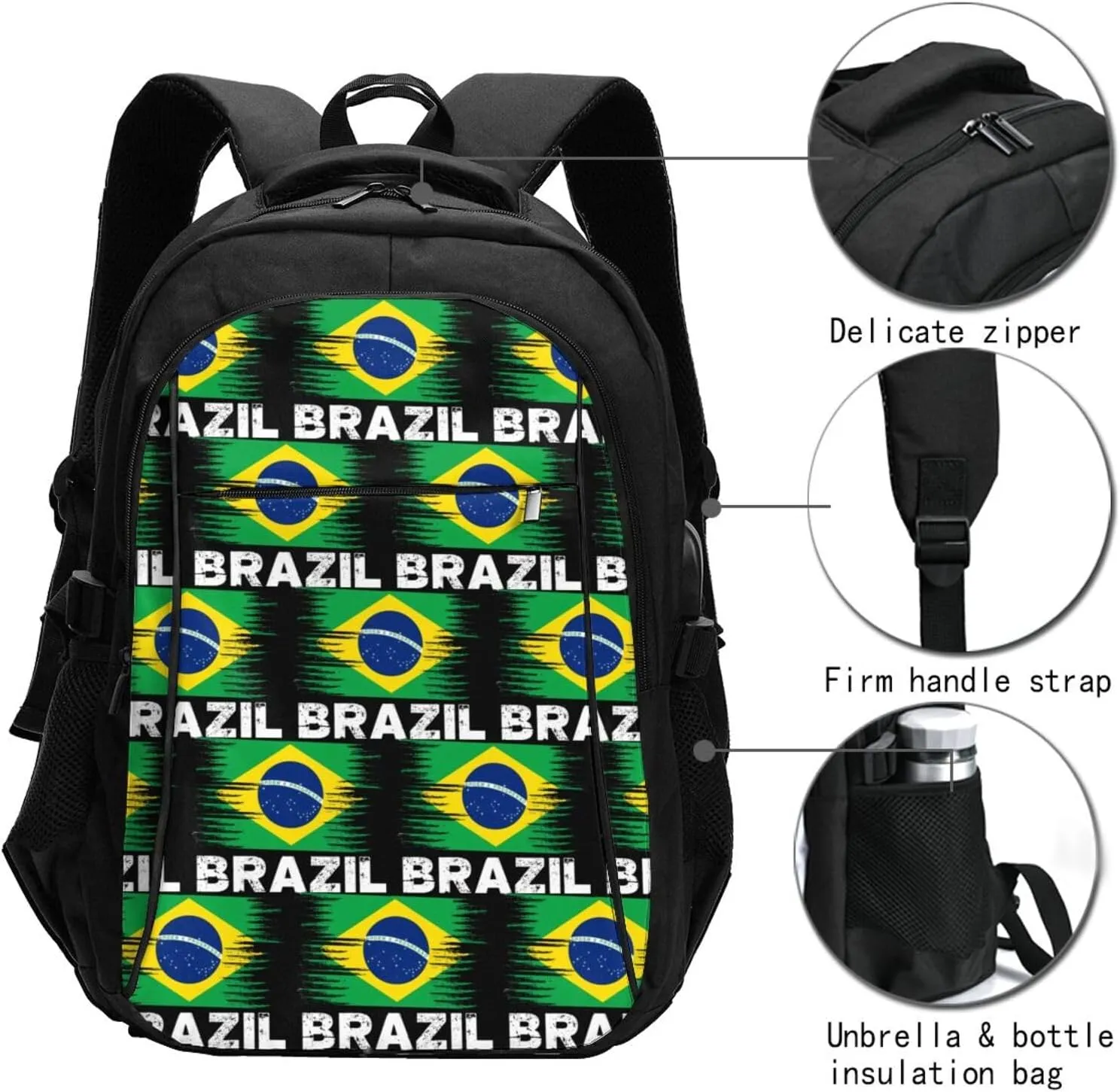 Brazil Flag Casual Travel Backpacks Hiking Camping Backpack Large Outdoor Sport Daypack Laptop Rucksack Climbing Working Bags with USB Port