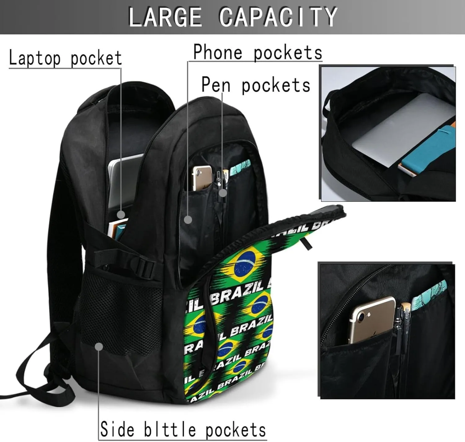Brazil Flag Casual Travel Backpacks Hiking Camping Backpack Large Outdoor Sport Daypack Laptop Rucksack Climbing Working Bags with USB Port
