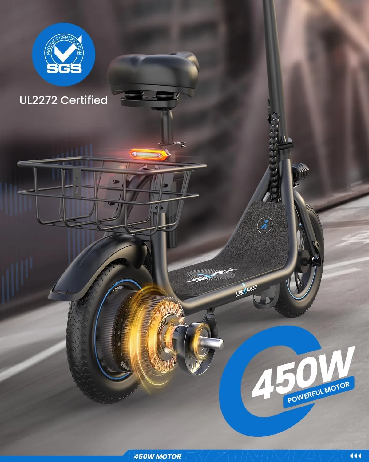 C1/C1 Pro Electric Scooter with Seat, 450W Powerful Motor up to 20/25 Miles Range, Foldable Electric Scooter for Adults Max Speed 15.5/18.6 Mph, Electric Scooter for Commuting with Basket