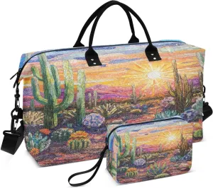 Cactus Desert Sunset Orange Sports Gym Bag for Women Men Travel Duffel Bag Weekend Overnight Carry on Bag with Toiletry Bag Hospital Bag for Swimming Yoga Workout Hospital Plane