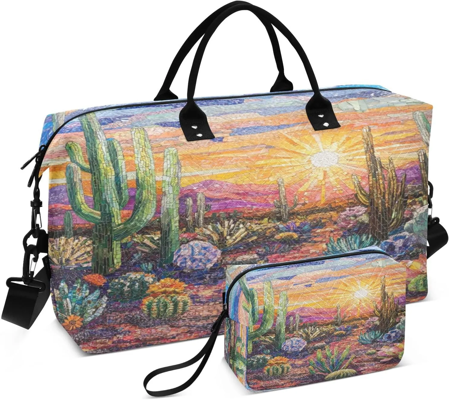 Cactus Desert Sunset Orange Sports Gym Bag for Women Men Travel Duffel Bag Weekend Overnight Carry on Bag with Toiletry Bag Hospital Bag for Swimming Yoga Workout Hospital Plane