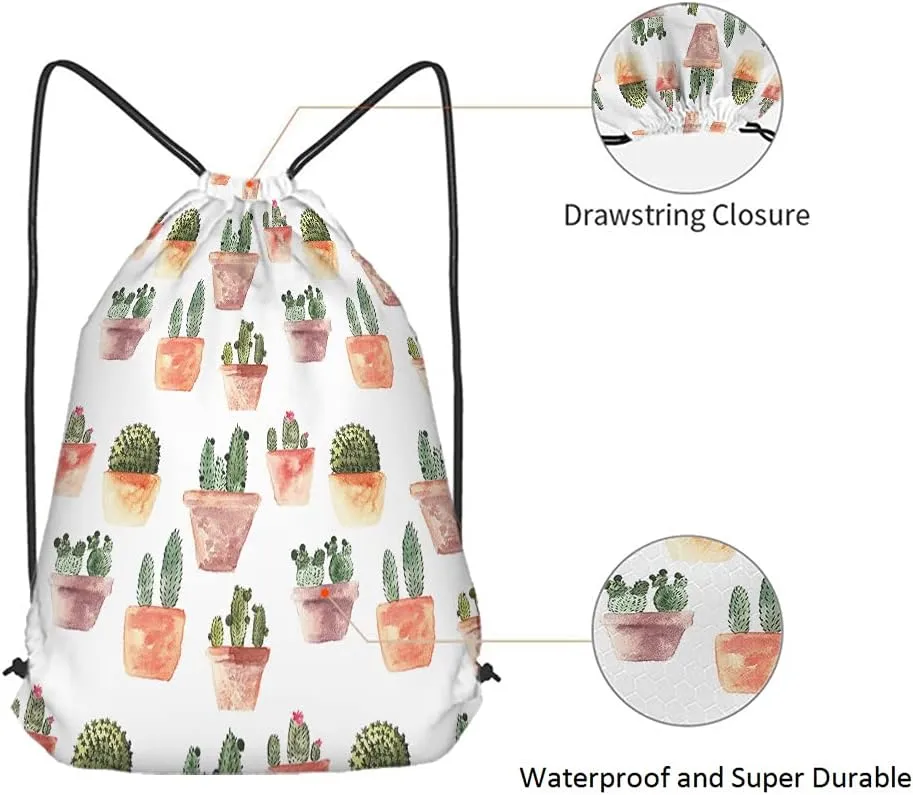 Cactus Drawstring Bags Backpack Bag Watercolor Summer Green Cacti Succulent Plant Brown Pot Flowers Nature Sport Gym Sack Drawstring Bag String Bag Yoga Bag for Men Women