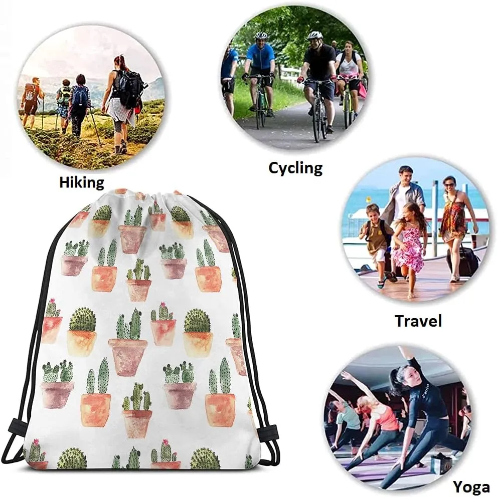 Cactus Drawstring Bags Backpack Bag Watercolor Summer Green Cacti Succulent Plant Brown Pot Flowers Nature Sport Gym Sack Drawstring Bag String Bag Yoga Bag for Men Women