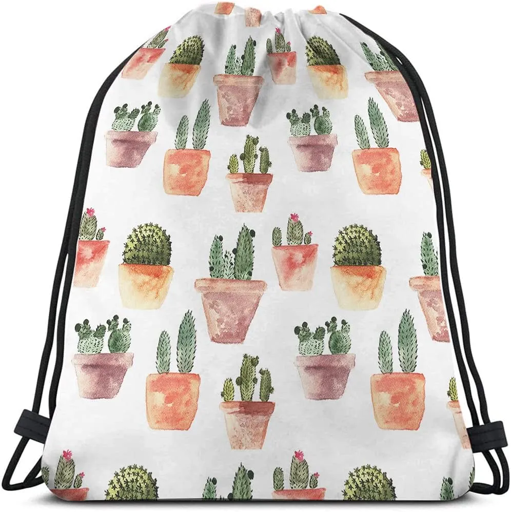 Cactus Drawstring Bags Backpack Bag Watercolor Summer Green Cacti Succulent Plant Brown Pot Flowers Nature Sport Gym Sack Drawstring Bag String Bag Yoga Bag for Men Women