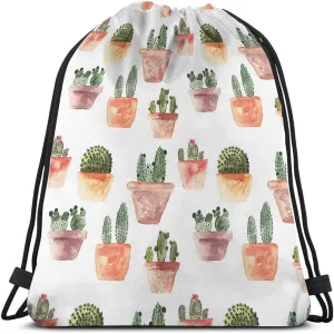 Cactus Drawstring Bags Backpack Bag Watercolor Summer Green Cacti Succulent Plant Brown Pot Flowers Nature Sport Gym Sack Drawstring Bag String Bag Yoga Bag for Men Women