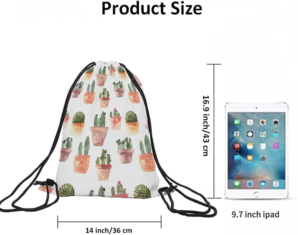 Cactus Drawstring Bags Backpack Bag Watercolor Summer Green Cacti Succulent Plant Brown Pot Flowers Nature Sport Gym Sack Drawstring Bag String Bag Yoga Bag for Men Women