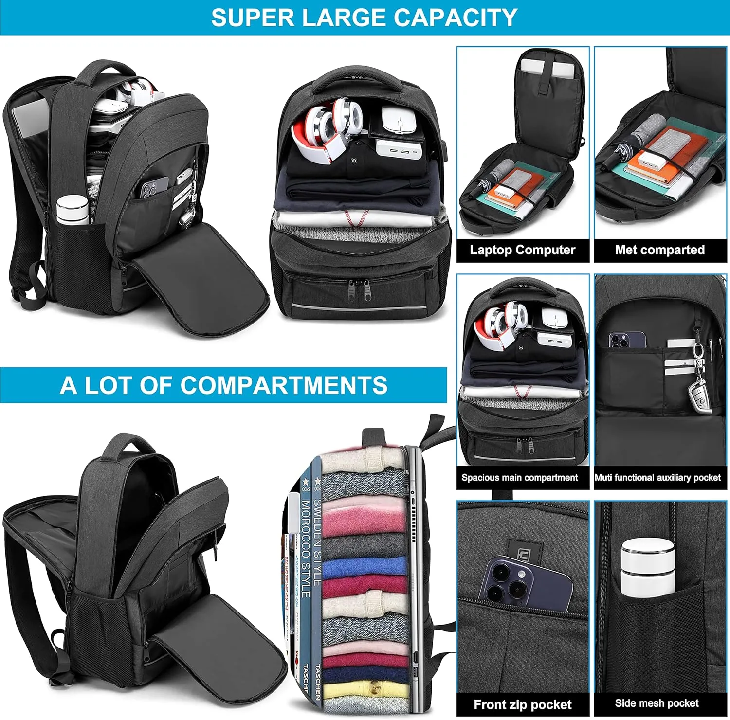 CAFELE 17.3 Inch Laptop Backpack, School Backpack,Large TSA Travel Carry on Backpack,College Student Bookbag with USB Port,Teenagers Water Resistant Computer Bagpack Gift for Men Women,Grey