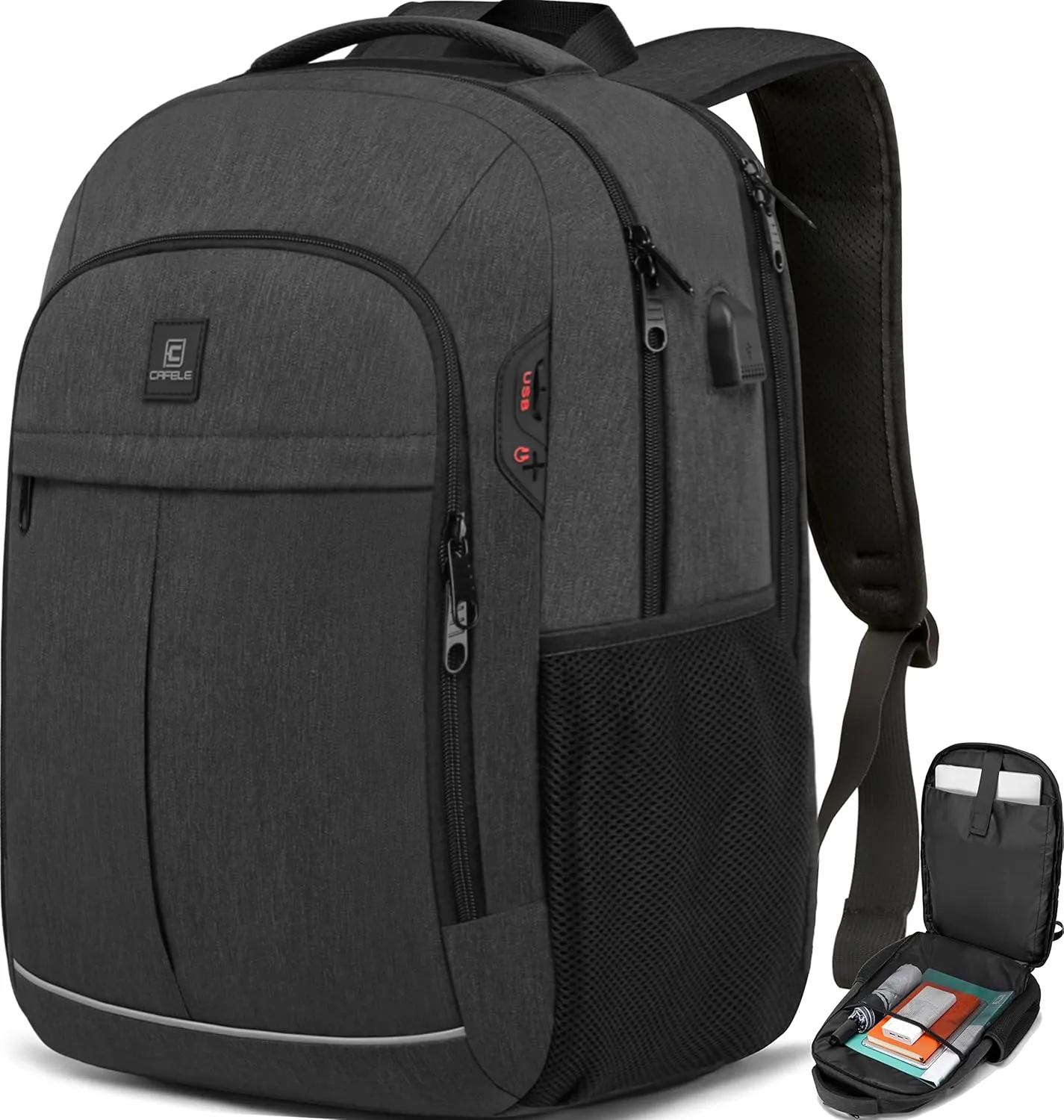 CAFELE 17.3 Inch Laptop Backpack, School Backpack,Large TSA Travel Carry on Backpack,College Student Bookbag with USB Port,Teenagers Water Resistant Computer Bagpack Gift for Men Women,Grey