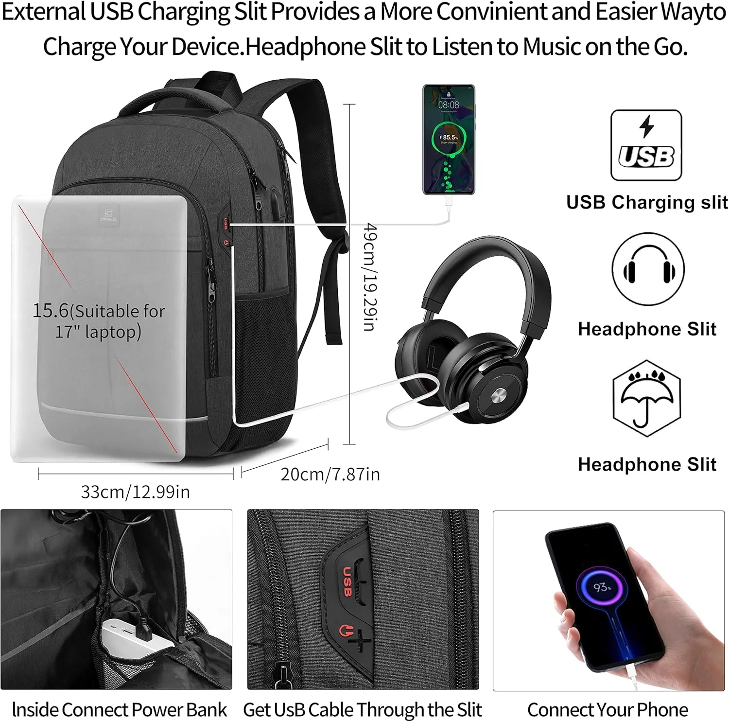 CAFELE 17.3 Inch Laptop Backpack, School Backpack,Large TSA Travel Carry on Backpack,College Student Bookbag with USB Port,Teenagers Water Resistant Computer Bagpack Gift for Men Women,Grey