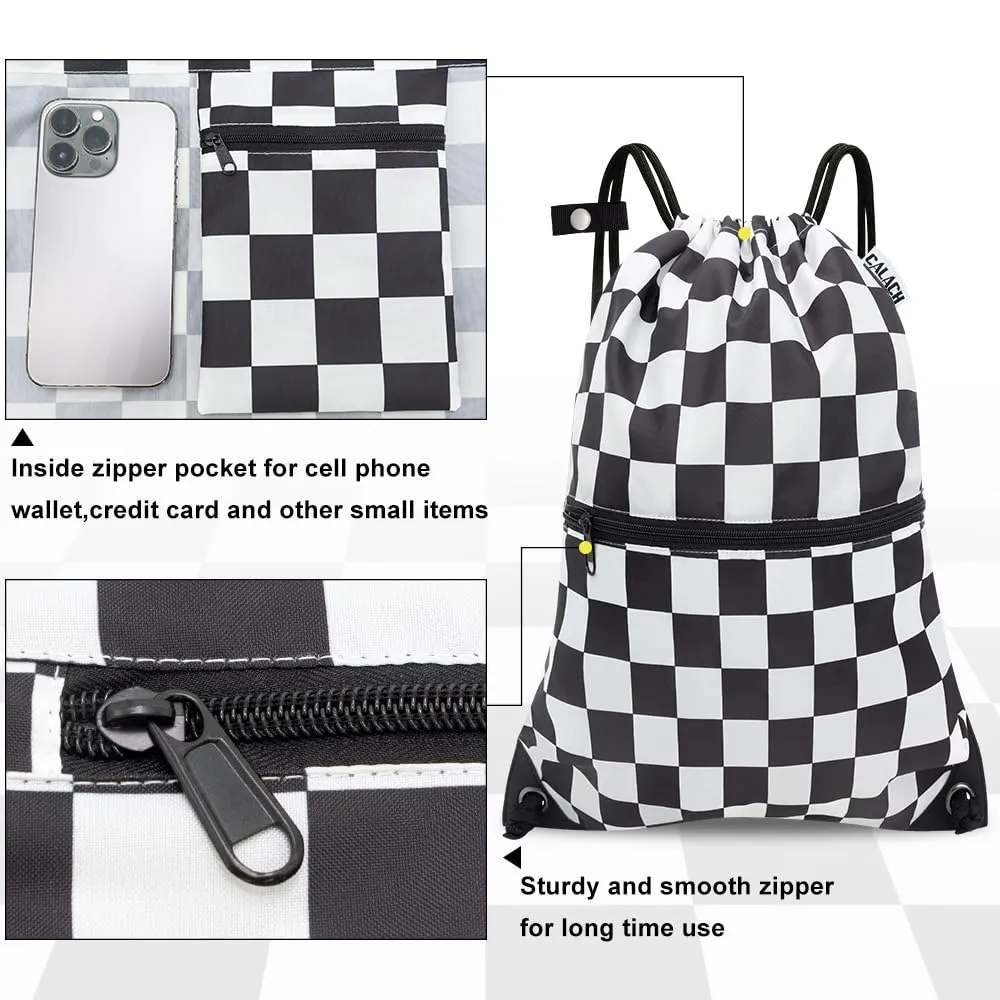 CALACH Drawstring Backpack Bag Sport Gym Sackpack White Grid HLC001