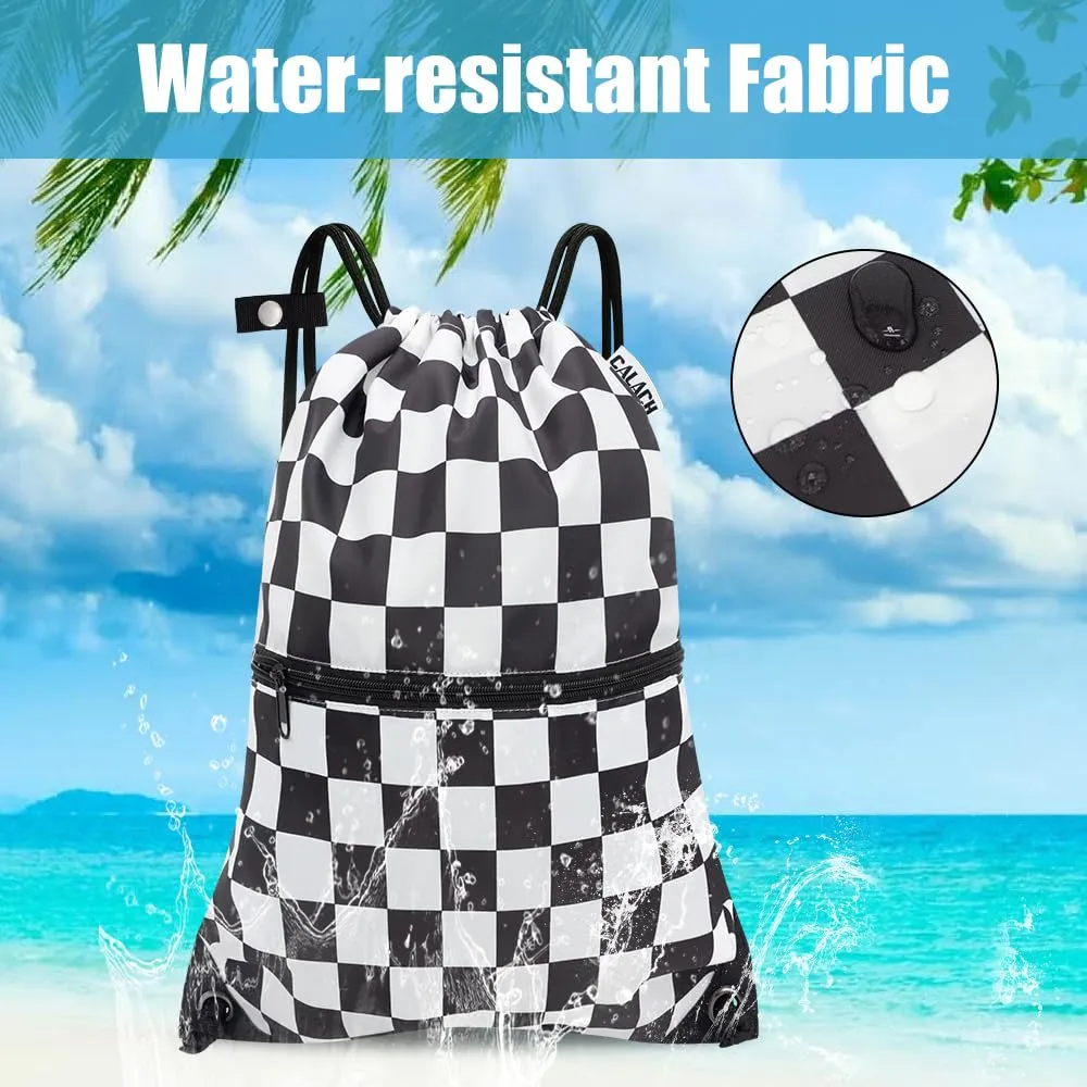 CALACH Drawstring Backpack Bag Sport Gym Sackpack White Grid HLC001