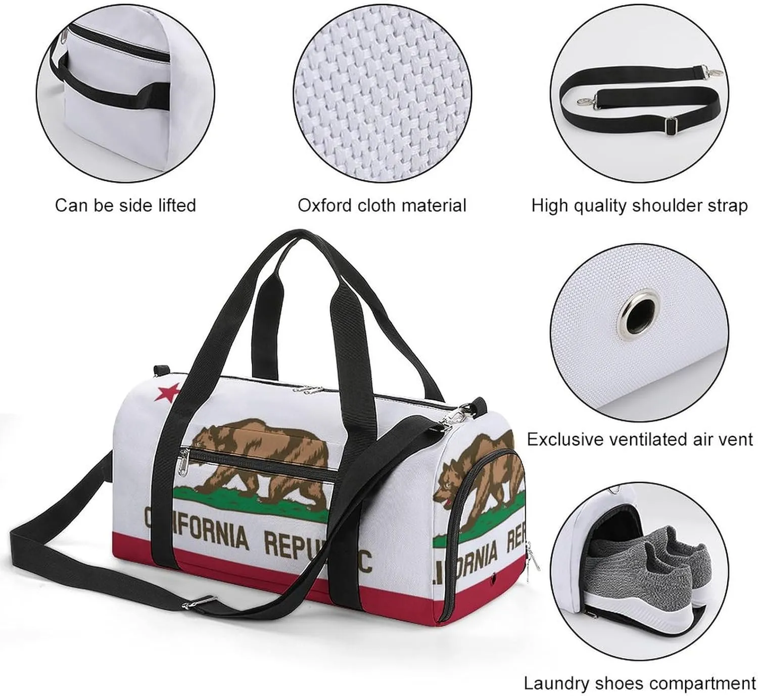 California Republic Flag Gym Bag-Workout Organizer with Water Resistant Compartments for Gym Lovers, style-20-7