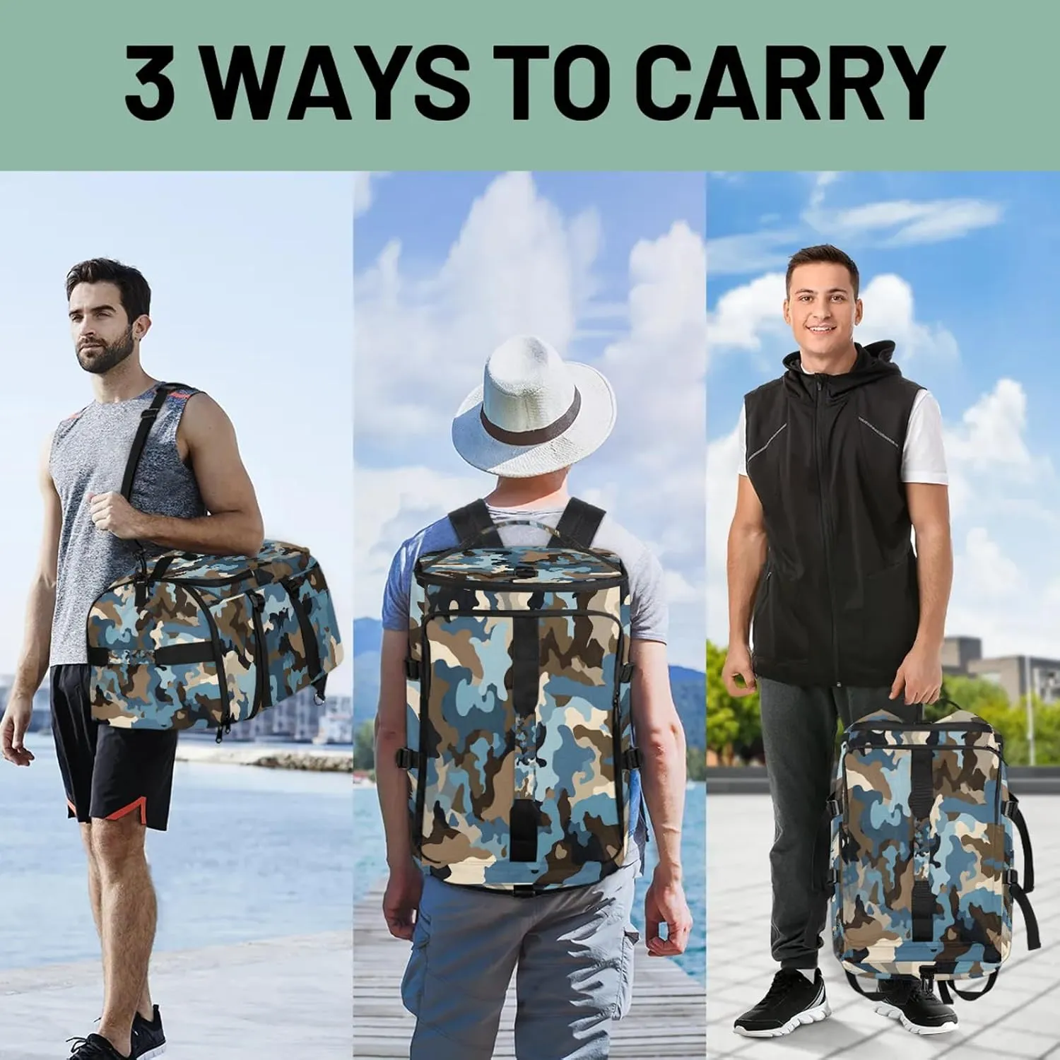 Camo Print Gym Bags for Men Women Sports Backpack with Shoe Compartment 3-in-1 Tactical Duffle Bag for Overnight Weekender Travel
