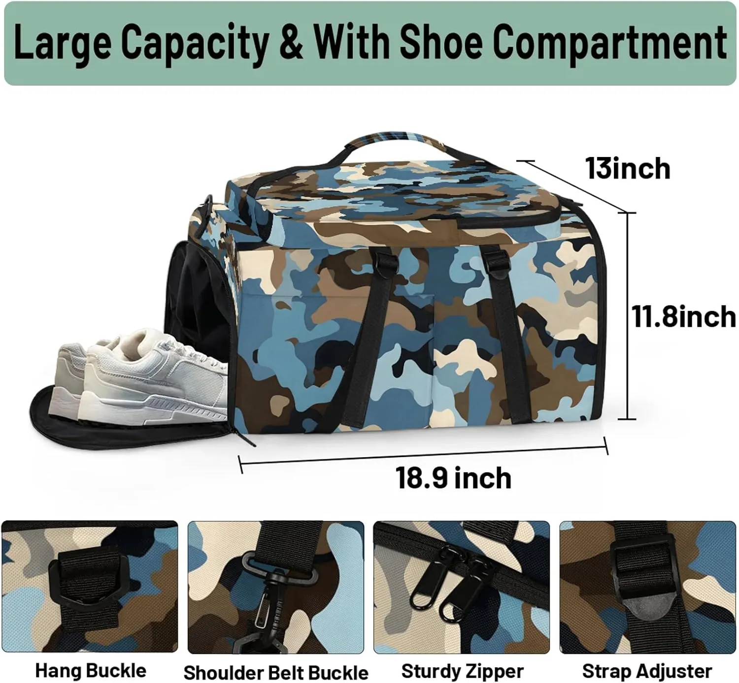 Camo Print Gym Bags for Men Women Sports Backpack with Shoe Compartment 3-in-1 Tactical Duffle Bag for Overnight Weekender Travel