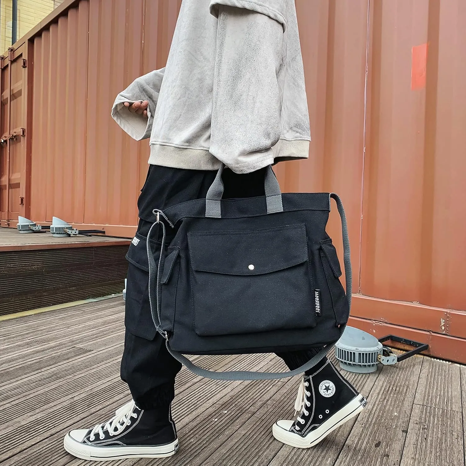 Canvas Crossbody Tote Shoulder Purse Bag for Women and Men with Multi-pocket for Shopping, Travel and Work
