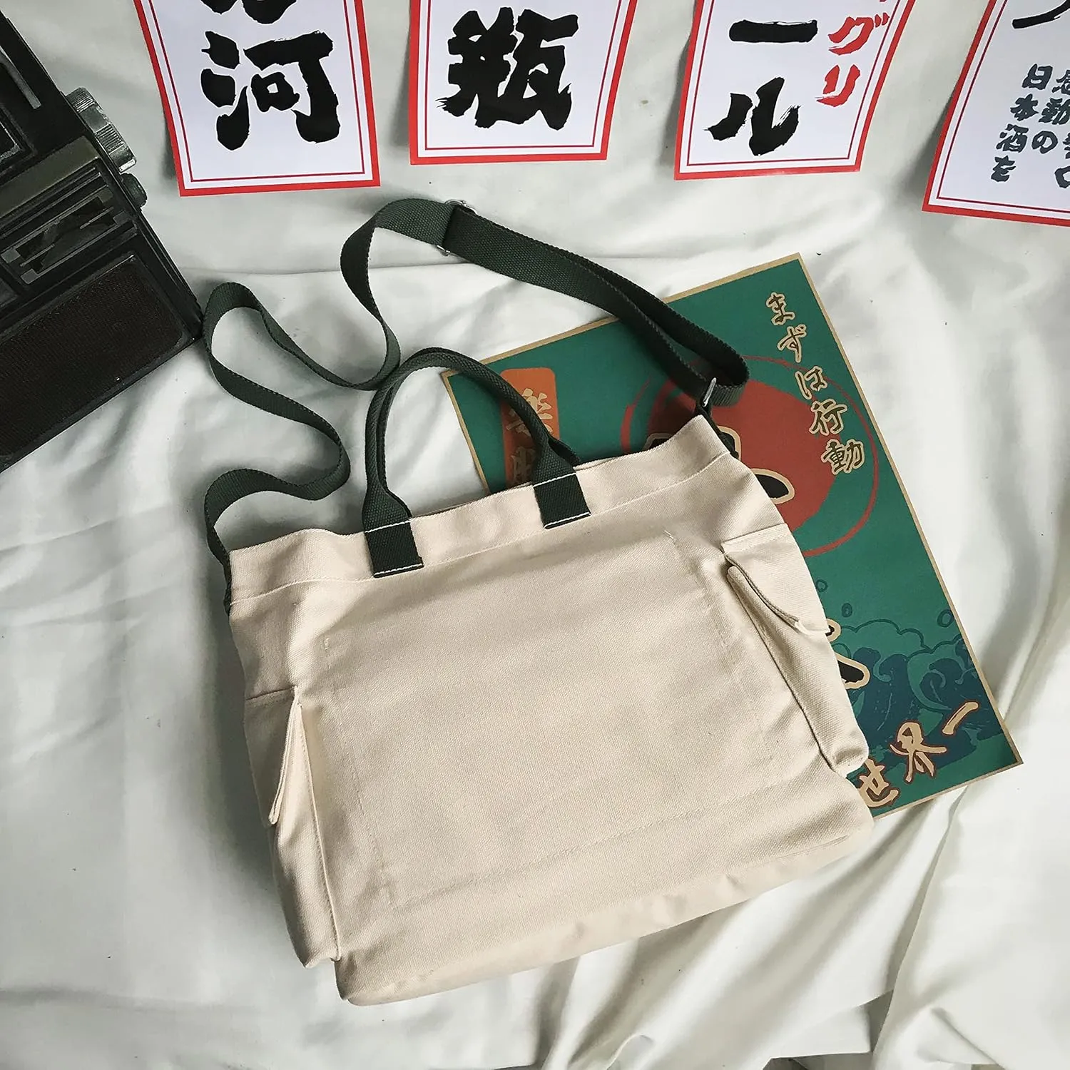 Canvas Crossbody Tote Shoulder Purse Bag for Women and Men with Multi-pocket for Shopping, Travel and Work