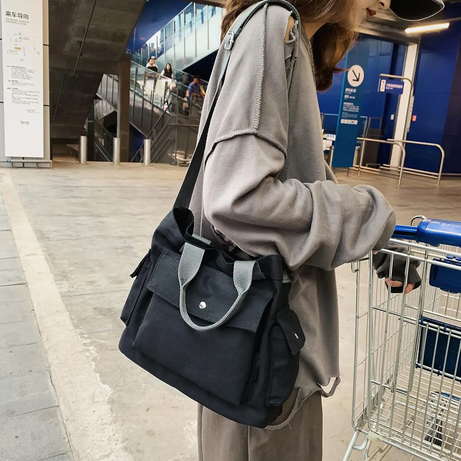 Canvas Crossbody Tote Shoulder Purse Bag for Women and Men with Multi-pocket for Shopping, Travel and Work