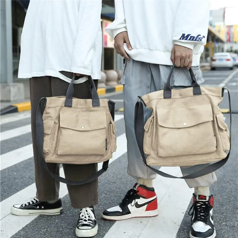 Canvas Crossbody Tote Shoulder Purse Bag for Women and Men with Multi-pocket for Shopping, Travel and Work