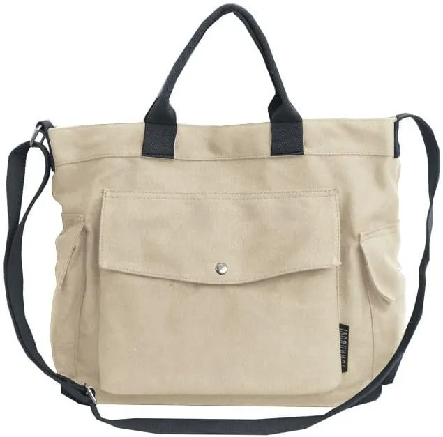 Canvas Crossbody Tote Shoulder Purse Bag for Women and Men with Multi-pocket for Shopping, Travel and Work