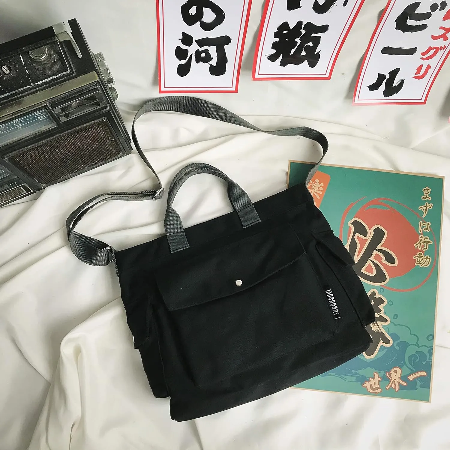 Canvas Crossbody Tote Shoulder Purse Bag for Women and Men with Multi-pocket for Shopping, Travel and Work