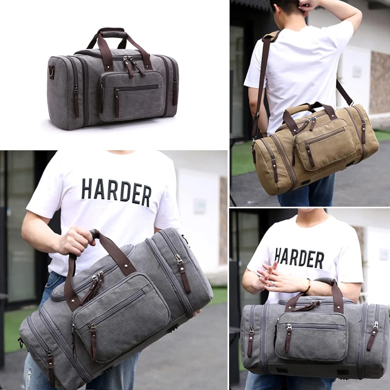 Canvas Duffle Bag for Travel 50L Large Duffel Bag for Men Women, Overnight Weekender Carry on Laptop Bag Outdoor Portable Soft Dense Durable (Gray)